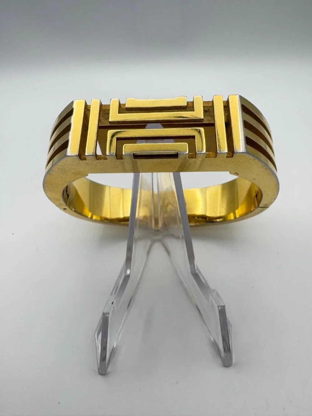 Tory Burch Hinged Cuff Bangle Bracelet Gold Tone Cutout Logo Wide Statement 2.5